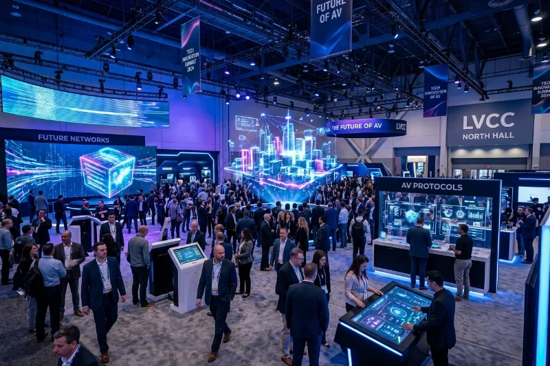 A bustling scene at InfoComm 2026 in Las Vegas showing futuristic audiovisual technology and professional attendees.
