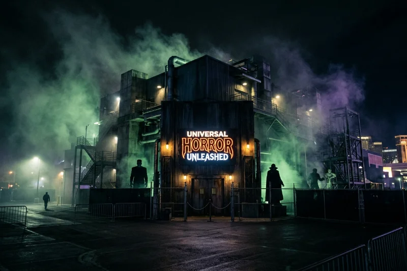 The exterior of the Universal Horror Unleashed attraction in Las Vegas with spooky neon lighting and fog.