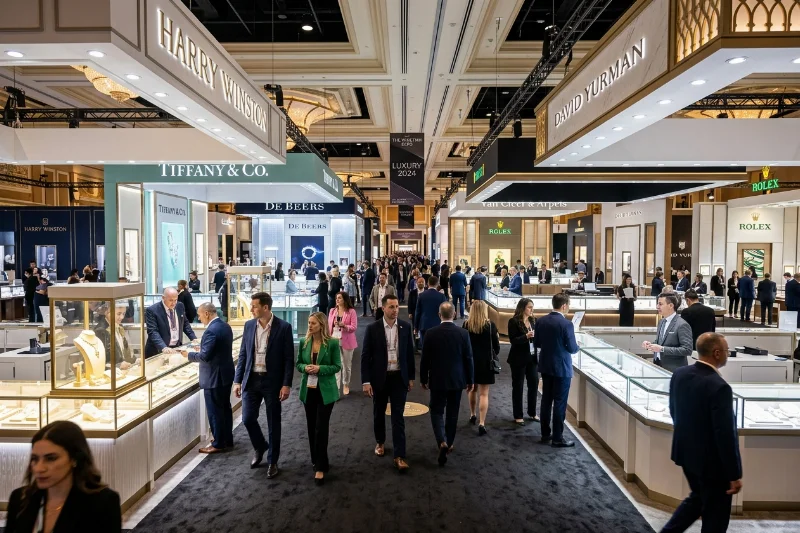 A bustling view of the JCK 2027 jewelry trade show floor at the Venetian Expo in Las Vegas.