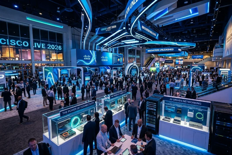 High-tech exhibition floor at Cisco Live 2026 in Las Vegas featuring networking innovations.