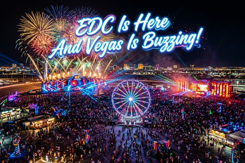 A vibrant nighttime view of the EDC Las Vegas festival with neon lights and fireworks.