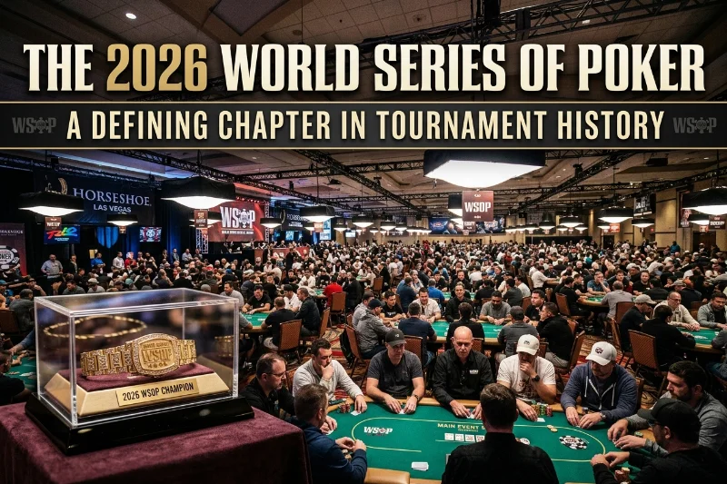 The bustling tournament floor of the 2026 World Series of Poker in Las Vegas with the championship gold bracelet in view.