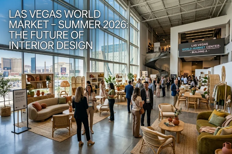 Exhibition hall at Las Vegas World Market Summer 2026 featuring modern furniture and home decor.