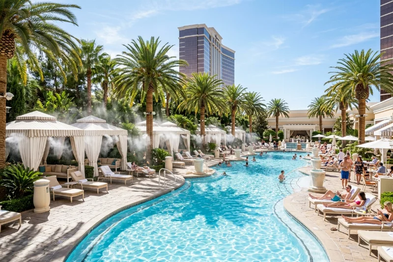 A refreshing luxury pool in Las Vegas with water misters and shaded cabanas.