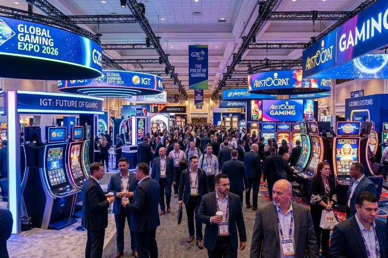A wide shot of the bustling G2E 2026 expo floor in Las Vegas with innovative gaming machines and digital displays.