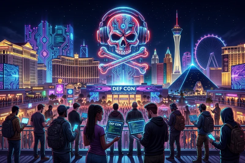 A digital art illustration of the Las Vegas skyline with cyber-tech motifs and the DEF CON hacker emblem in neon.
