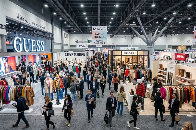 The busy exhibition floor of the MAGIC Convention in Las Vegas featuring modern fashion displays for Fall 2026.